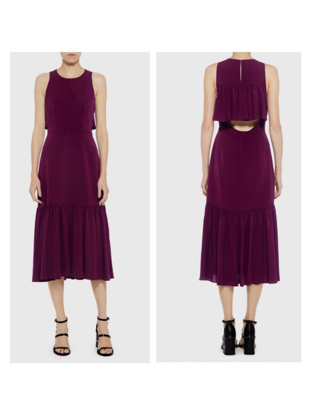 Rebecca Taylor Dress Sleeveless Cutout Midi Flounce Hem Ruffle Back Evening Wine